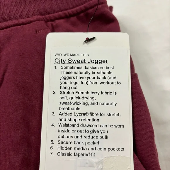 Lululemon City Sweat Jogger MLWI Mulled Wine Red Men’s Size Extra Small XS